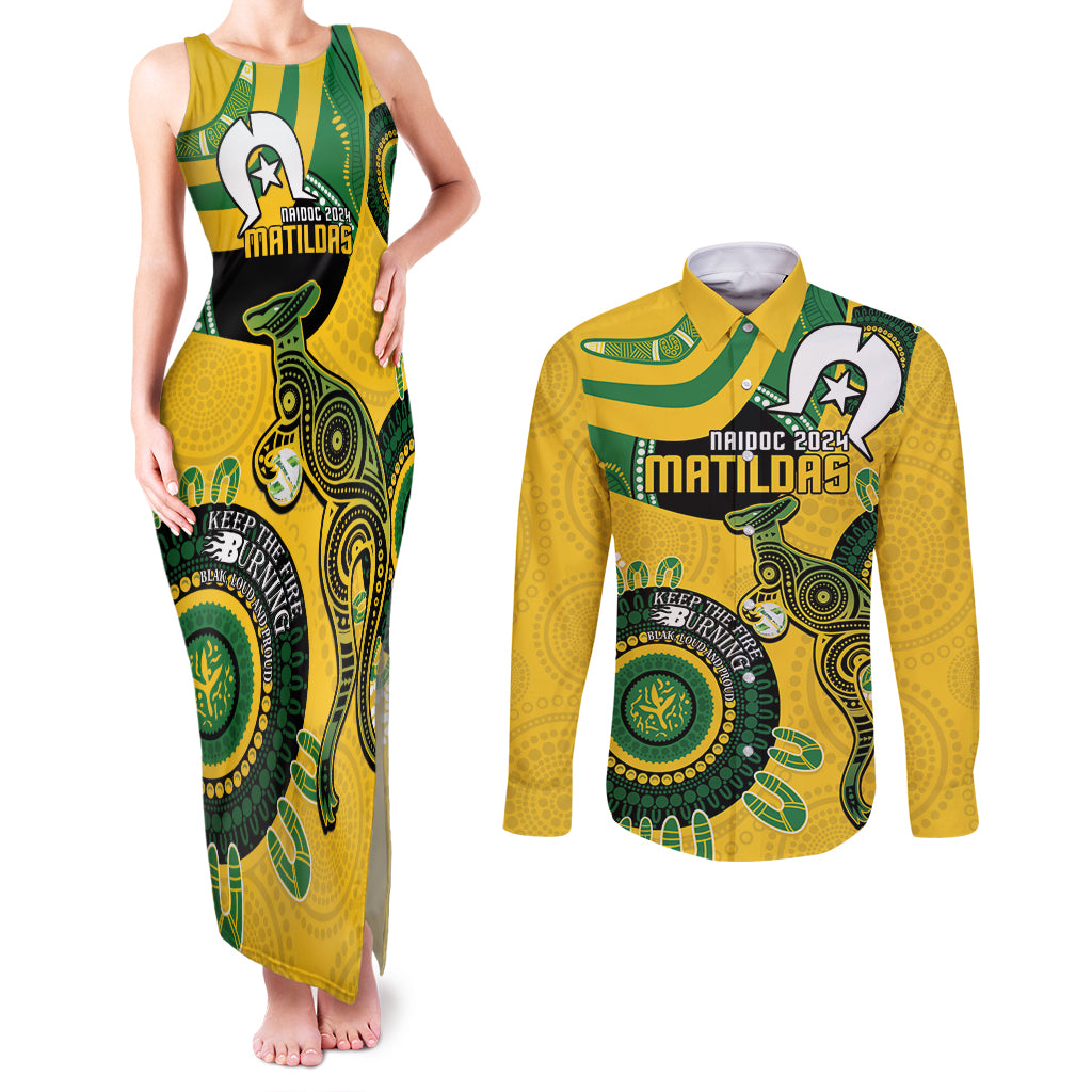 Custom Matildas NAIDOC Week Couples Matching Tank Maxi Dress and Long Sleeve Button Shirt Australia Kangaroo Keep The Fire Burning - Yellow