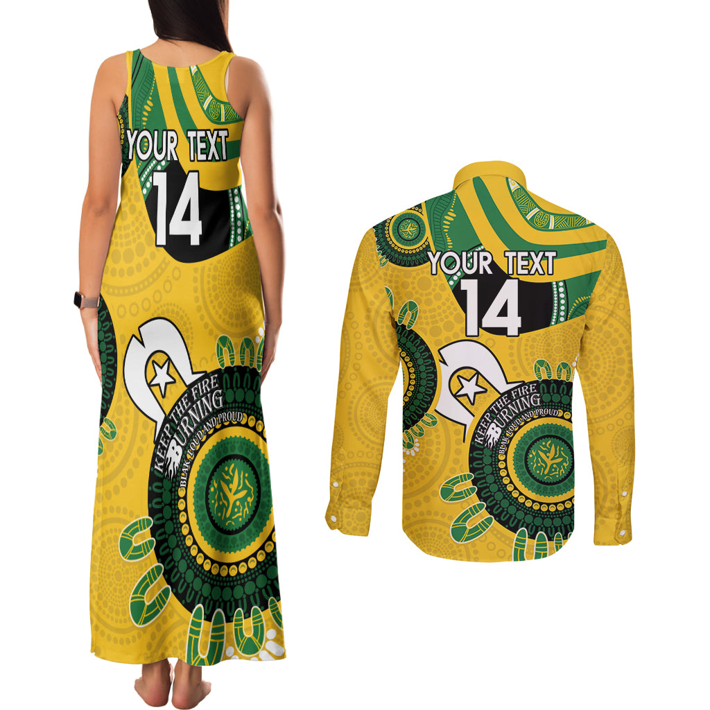 Custom Matildas NAIDOC Week Couples Matching Tank Maxi Dress and Long Sleeve Button Shirt Australia Kangaroo Keep The Fire Burning - Yellow