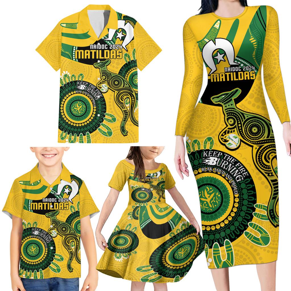 Custom Matildas NAIDOC Week Family Matching Long Sleeve Bodycon Dress and Hawaiian Shirt Australia Kangaroo Keep The Fire Burning - Yellow