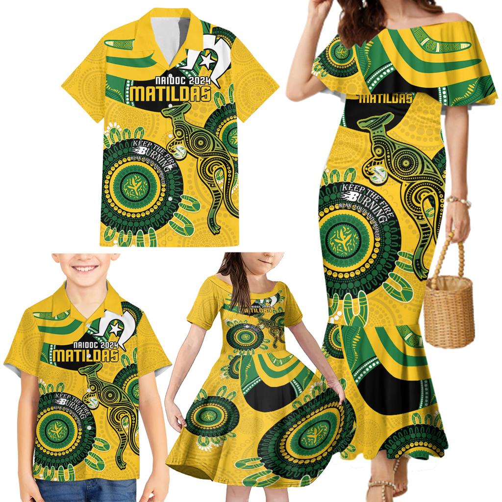 Custom Matildas NAIDOC Week Family Matching Mermaid Dress and Hawaiian Shirt Australia Kangaroo Keep The Fire Burning - Yellow