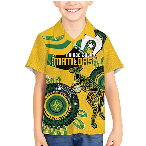 Custom Matildas NAIDOC Week Family Matching Mermaid Dress and Hawaiian Shirt Australia Kangaroo Keep The Fire Burning - Yellow