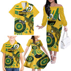 Custom Matildas NAIDOC Week Family Matching Off The Shoulder Long Sleeve Dress and Hawaiian Shirt Australia Kangaroo Keep The Fire Burning - Yellow