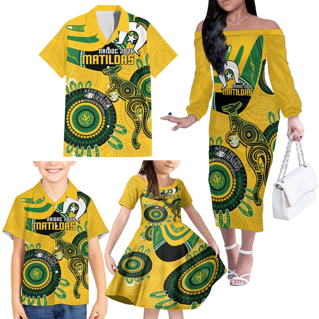 Custom Matildas NAIDOC Week Family Matching Off The Shoulder Long Sleeve Dress and Hawaiian Shirt Australia Kangaroo Keep The Fire Burning - Yellow
