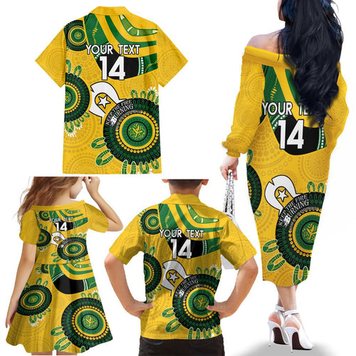 Custom Matildas NAIDOC Week Family Matching Off The Shoulder Long Sleeve Dress and Hawaiian Shirt Australia Kangaroo Keep The Fire Burning - Yellow