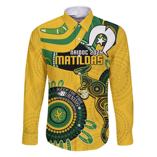 Custom Matildas NAIDOC Week Family Matching Off The Shoulder Long Sleeve Dress and Hawaiian Shirt Australia Kangaroo Keep The Fire Burning - Yellow