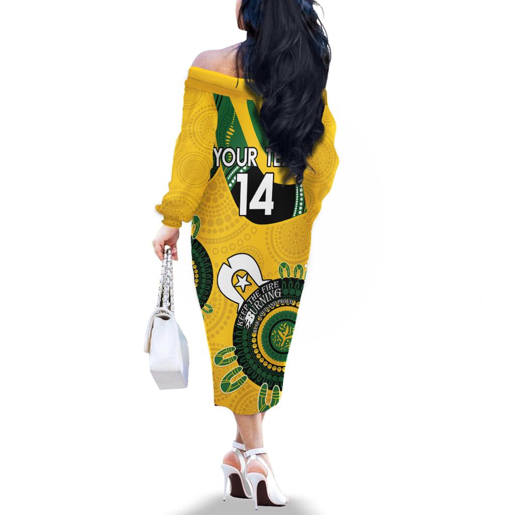Custom Matildas NAIDOC Week Family Matching Off The Shoulder Long Sleeve Dress and Hawaiian Shirt Australia Kangaroo Keep The Fire Burning - Yellow