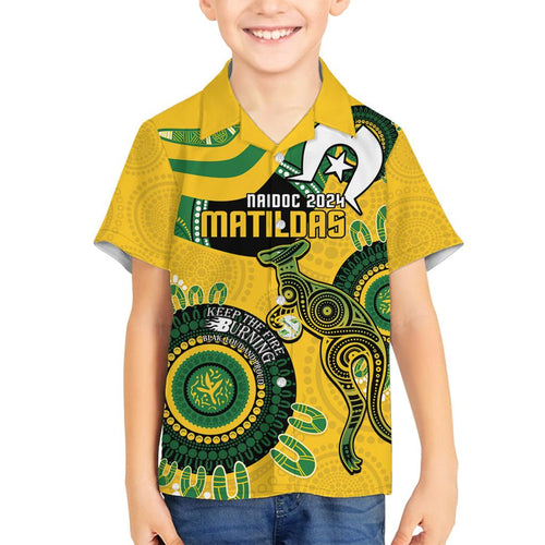 Custom Matildas NAIDOC Week Family Matching Off The Shoulder Long Sleeve Dress and Hawaiian Shirt Australia Kangaroo Keep The Fire Burning - Yellow