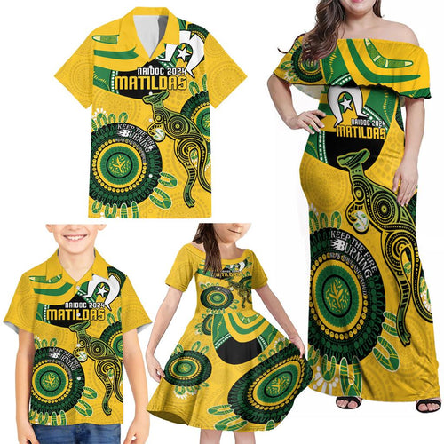 Custom Matildas NAIDOC Week Family Matching Off Shoulder Maxi Dress and Hawaiian Shirt Australia Kangaroo Keep The Fire Burning - Yellow