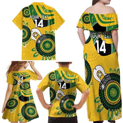 Custom Matildas NAIDOC Week Family Matching Off Shoulder Maxi Dress and Hawaiian Shirt Australia Kangaroo Keep The Fire Burning - Yellow