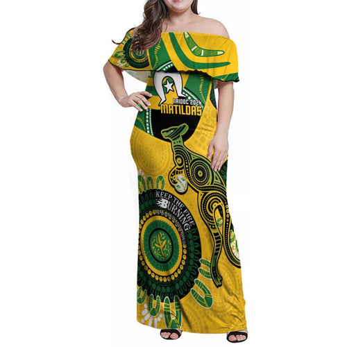 Custom Matildas NAIDOC Week Family Matching Off Shoulder Maxi Dress and Hawaiian Shirt Australia Kangaroo Keep The Fire Burning - Yellow