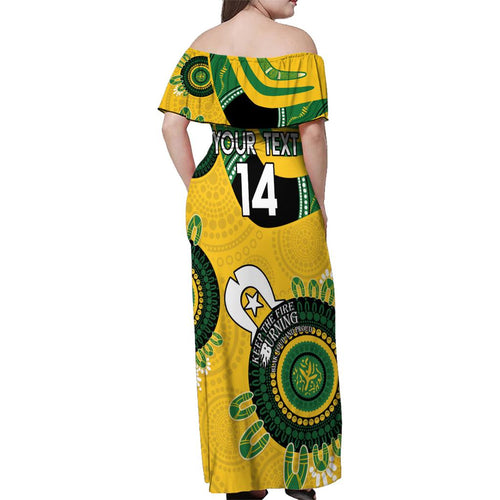 Custom Matildas NAIDOC Week Family Matching Off Shoulder Maxi Dress and Hawaiian Shirt Australia Kangaroo Keep The Fire Burning - Yellow