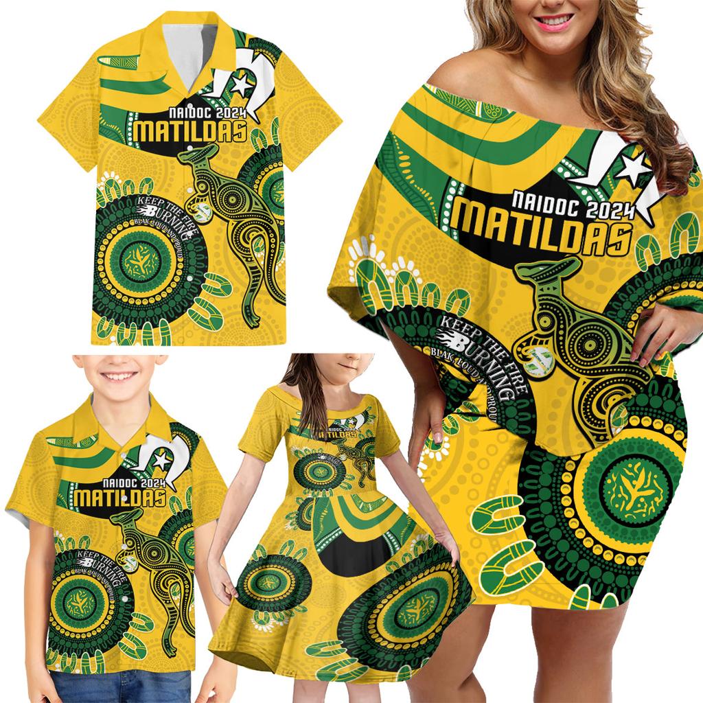 Custom Matildas NAIDOC Week Family Matching Off Shoulder Short Dress and Hawaiian Shirt Australia Kangaroo Keep The Fire Burning - Yellow