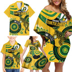 Custom Matildas NAIDOC Week Family Matching Off Shoulder Short Dress and Hawaiian Shirt Australia Kangaroo Keep The Fire Burning - Yellow