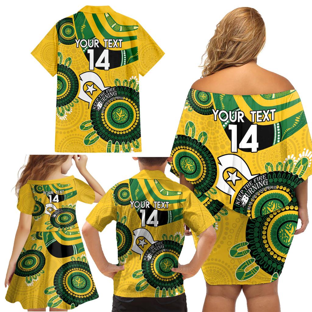 Custom Matildas NAIDOC Week Family Matching Off Shoulder Short Dress and Hawaiian Shirt Australia Kangaroo Keep The Fire Burning - Yellow