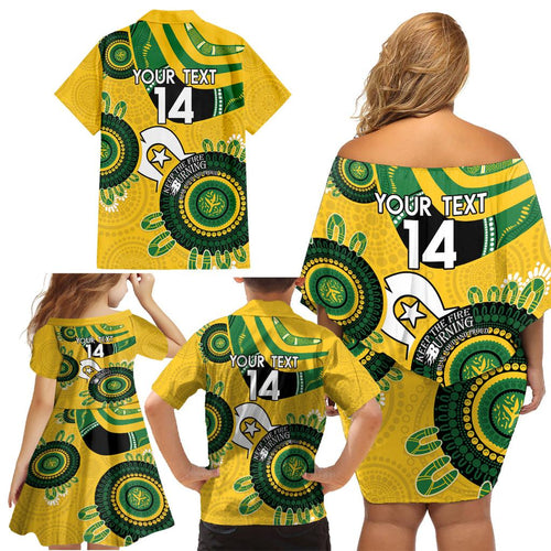 Custom Matildas NAIDOC Week Family Matching Off Shoulder Short Dress and Hawaiian Shirt Australia Kangaroo Keep The Fire Burning - Yellow