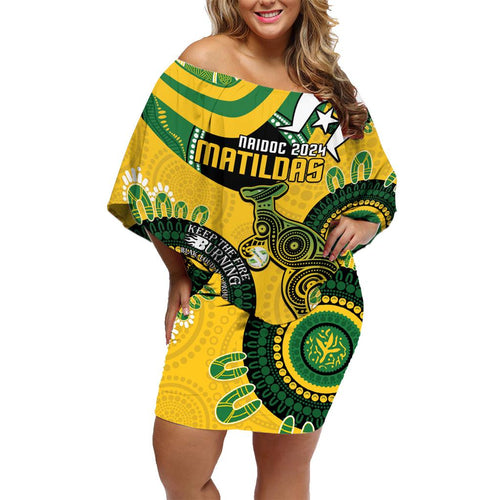 Custom Matildas NAIDOC Week Family Matching Off Shoulder Short Dress and Hawaiian Shirt Australia Kangaroo Keep The Fire Burning - Yellow