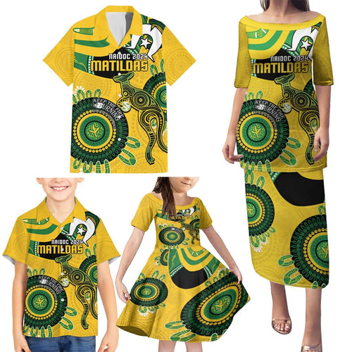Custom Matildas NAIDOC Week Family Matching Puletasi and Hawaiian Shirt Australia Kangaroo Keep The Fire Burning - Yellow