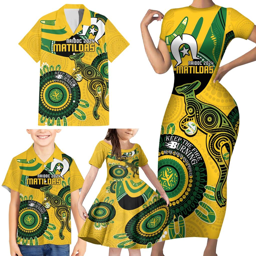Custom Matildas NAIDOC Week Family Matching Short Sleeve Bodycon Dress and Hawaiian Shirt Australia Kangaroo Keep The Fire Burning - Yellow