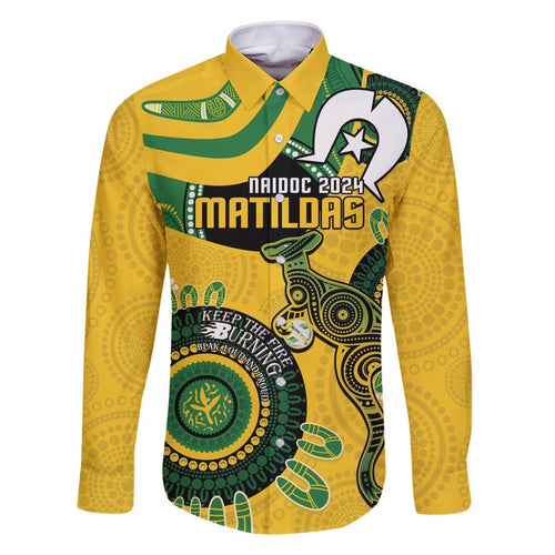 Custom Matildas NAIDOC Week Family Matching Short Sleeve Bodycon Dress and Hawaiian Shirt Australia Kangaroo Keep The Fire Burning - Yellow