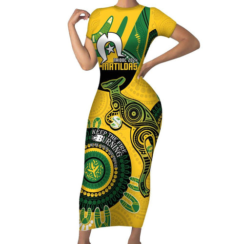 Custom Matildas NAIDOC Week Family Matching Short Sleeve Bodycon Dress and Hawaiian Shirt Australia Kangaroo Keep The Fire Burning - Yellow