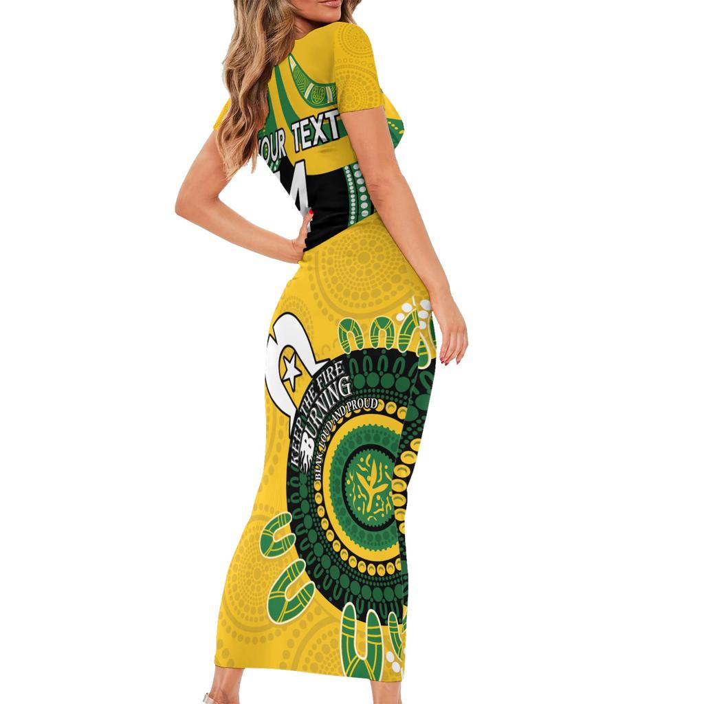 Custom Matildas NAIDOC Week Family Matching Short Sleeve Bodycon Dress and Hawaiian Shirt Australia Kangaroo Keep The Fire Burning - Yellow