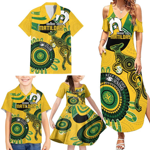 Custom Matildas NAIDOC Week Family Matching Summer Maxi Dress and Hawaiian Shirt Australia Kangaroo Keep The Fire Burning - Yellow