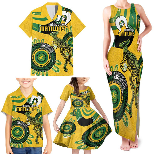 Custom Matildas NAIDOC Week Family Matching Tank Maxi Dress and Hawaiian Shirt Australia Kangaroo Keep The Fire Burning - Yellow