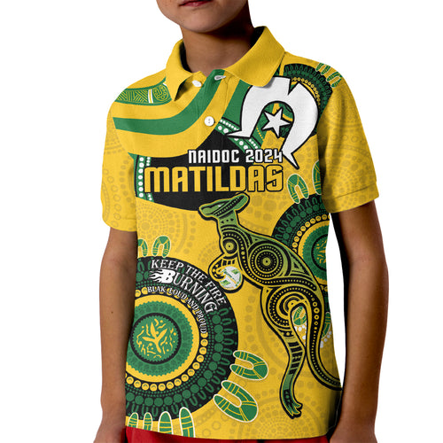 Custom Matildas NAIDOC Week Kid Polo Shirt Australia Kangaroo Keep The Fire Burning - Yellow