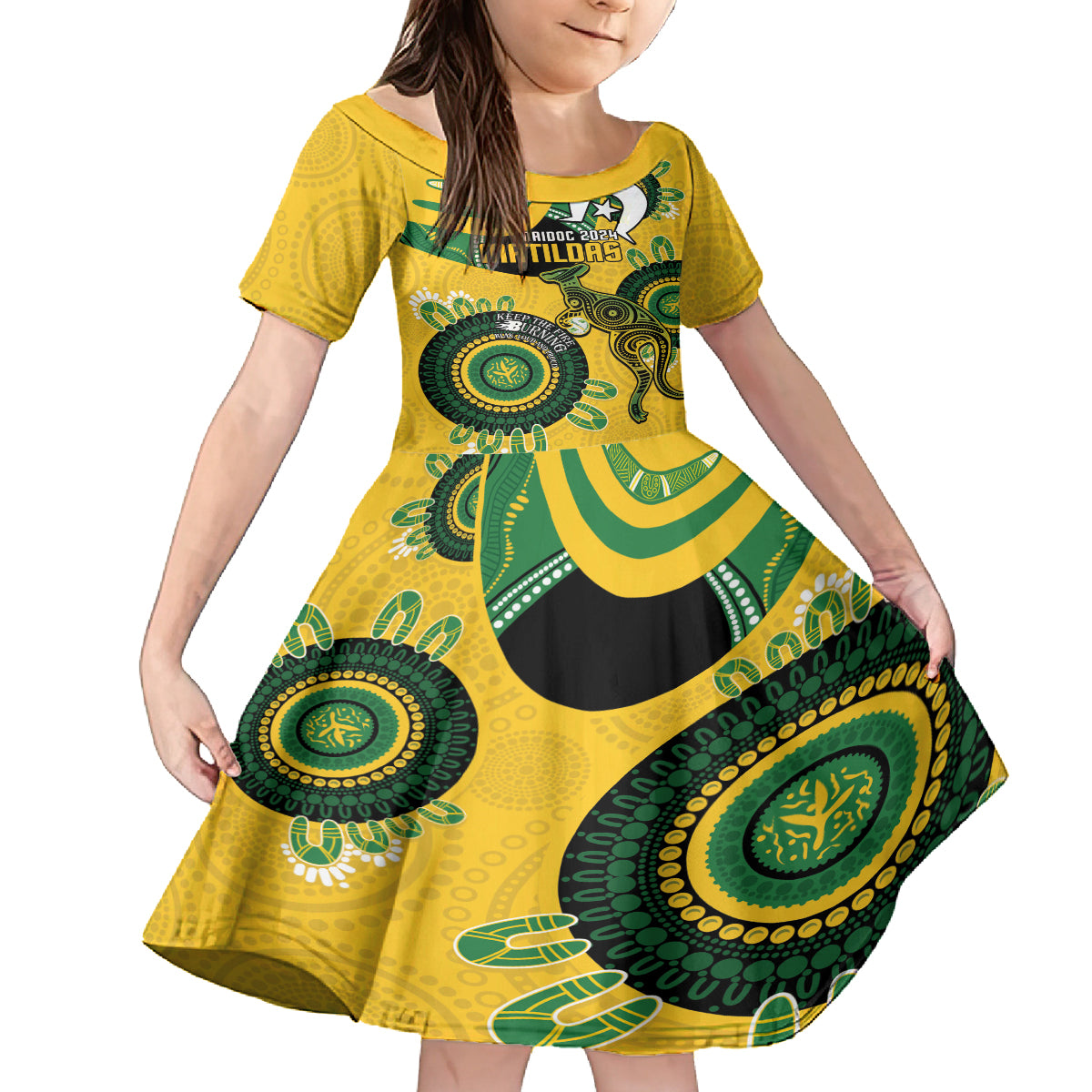 Custom Matildas NAIDOC Week Kid Short Sleeve Dress Australia Kangaroo Keep The Fire Burning - Yellow