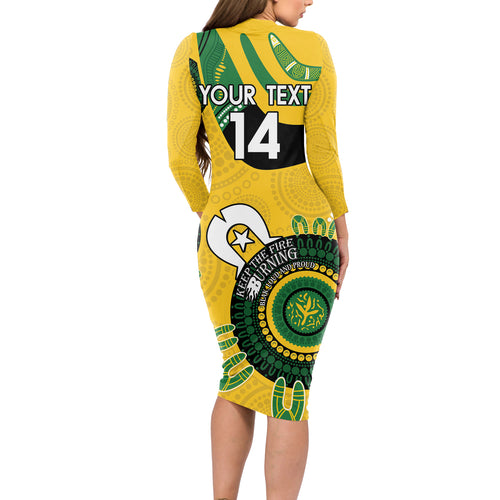 Custom Matildas NAIDOC Week Long Sleeve Bodycon Dress Australia Kangaroo Keep The Fire Burning - Yellow