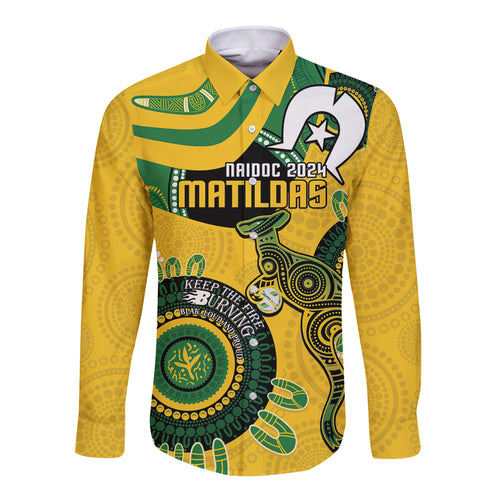 Custom Matildas NAIDOC Week Long Sleeve Button Shirt Australia Kangaroo Keep The Fire Burning - Yellow