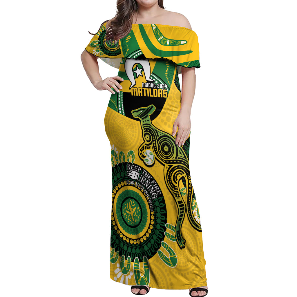 Custom Matildas NAIDOC Week Off Shoulder Maxi Dress Australia Kangaroo Keep The Fire Burning - Yellow