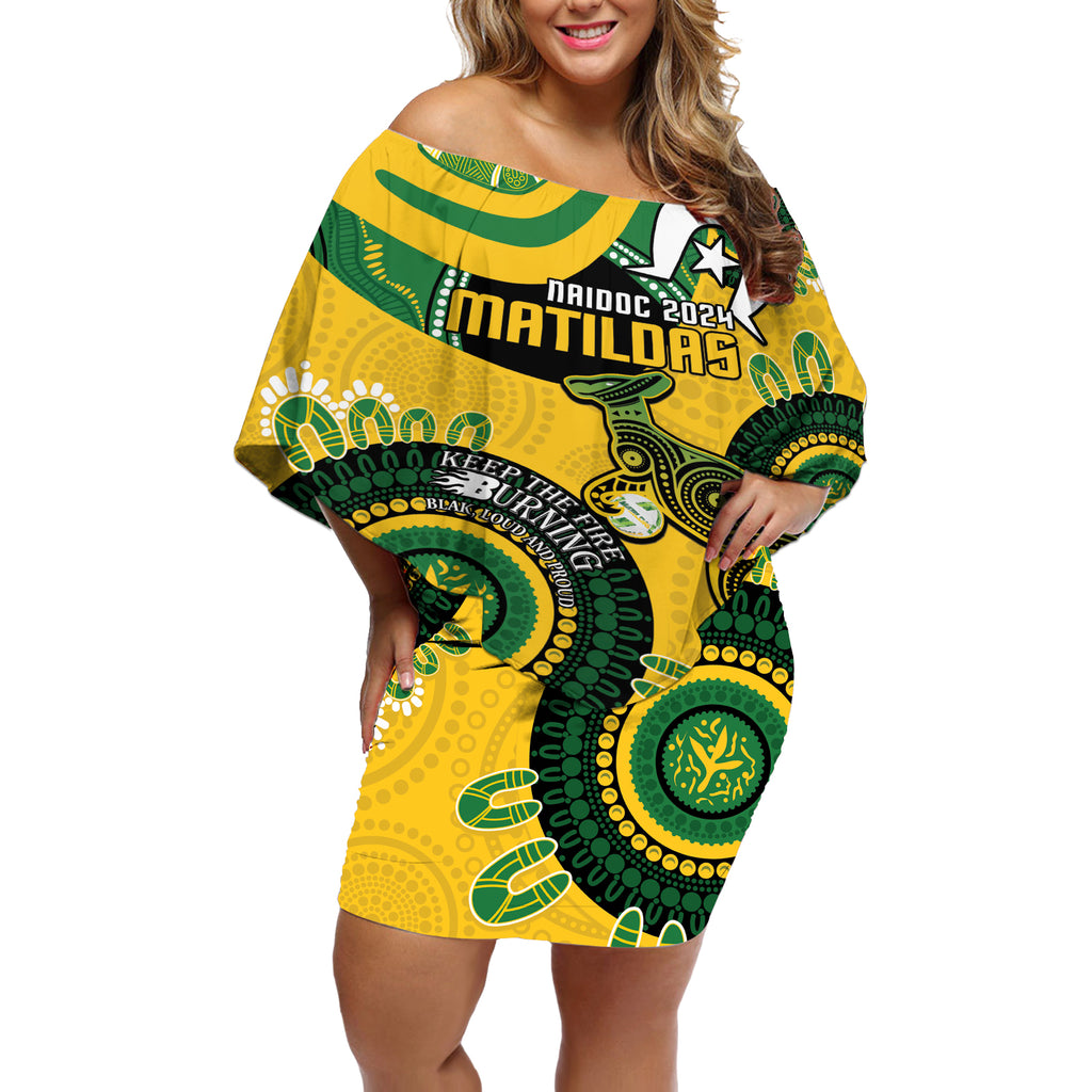 Custom Matildas NAIDOC Week Off Shoulder Short Dress Australia Kangaroo Keep The Fire Burning - Yellow