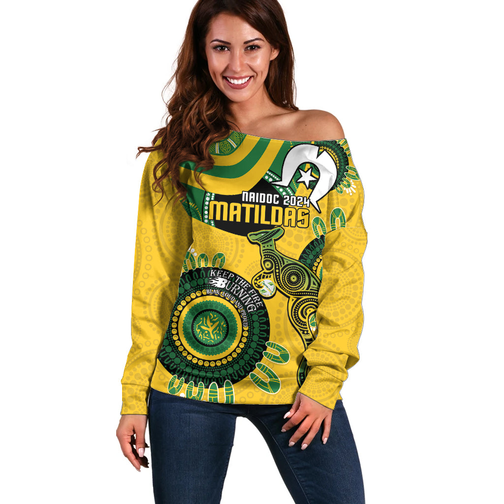 Custom Matildas NAIDOC Week Off Shoulder Sweater Australia Kangaroo Keep The Fire Burning - Yellow