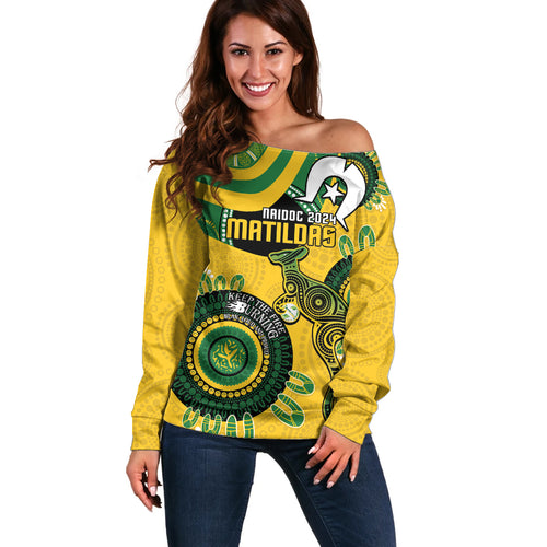 Custom Matildas NAIDOC Week Off Shoulder Sweater Australia Kangaroo Keep The Fire Burning - Yellow