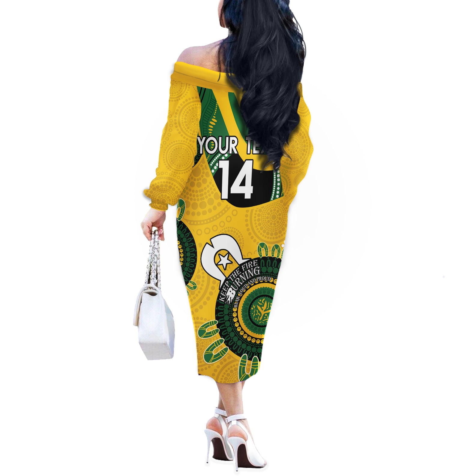 Custom Matildas NAIDOC Week Off The Shoulder Long Sleeve Dress Australia Kangaroo Keep The Fire Burning - Yellow