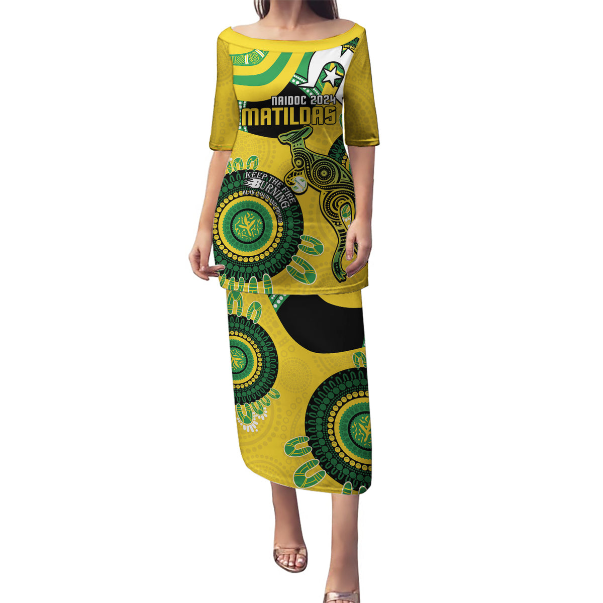 Custom Matildas NAIDOC Week Puletasi Australia Kangaroo Keep The Fire Burning - Yellow