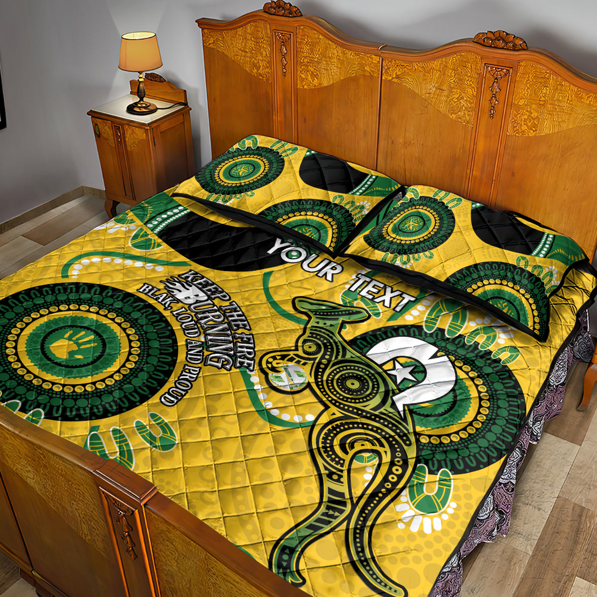 Custom Matildas NAIDOC Week Quilt Bed Set Australia Kangaroo Keep The Fire Burning - Yellow