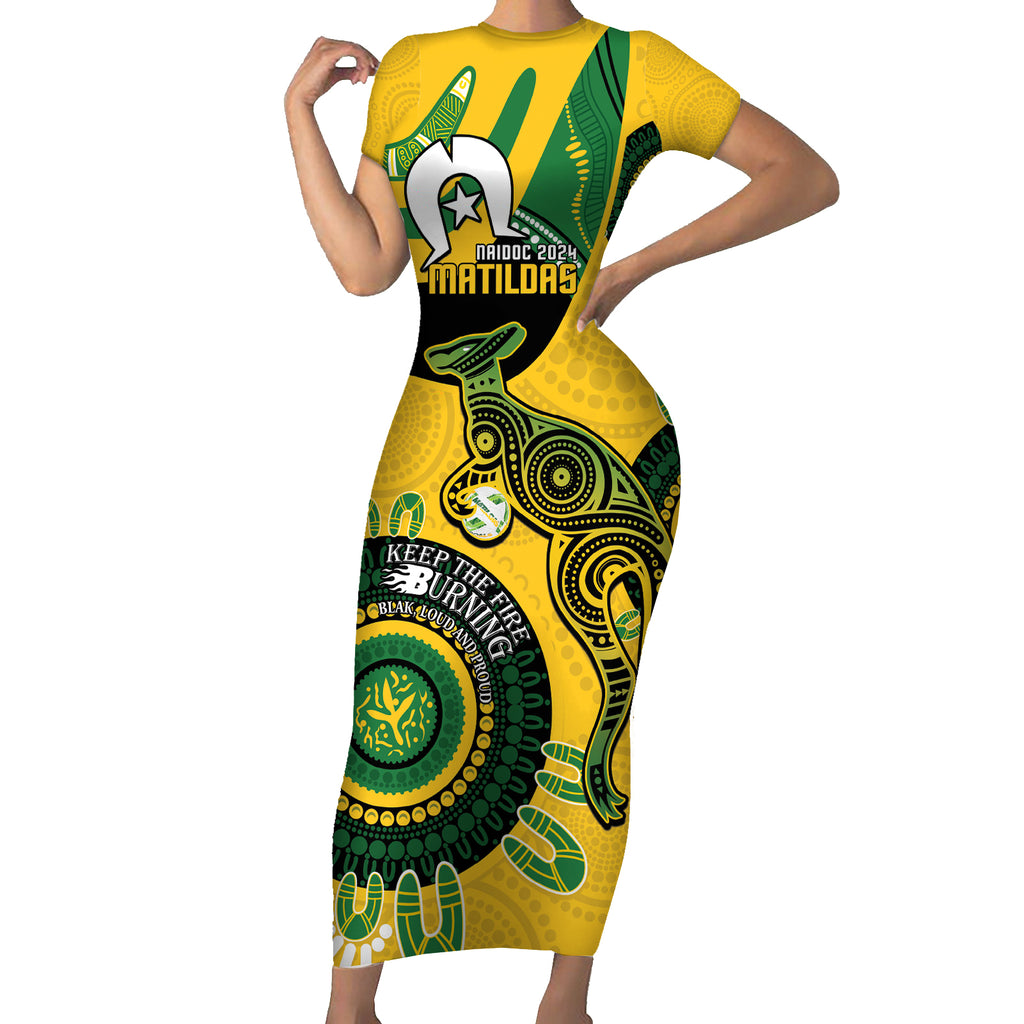 Custom Matildas NAIDOC Week Short Sleeve Bodycon Dress Australia Kangaroo Keep The Fire Burning - Yellow