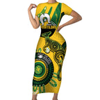 Custom Matildas NAIDOC Week Short Sleeve Bodycon Dress Australia Kangaroo Keep The Fire Burning - Yellow