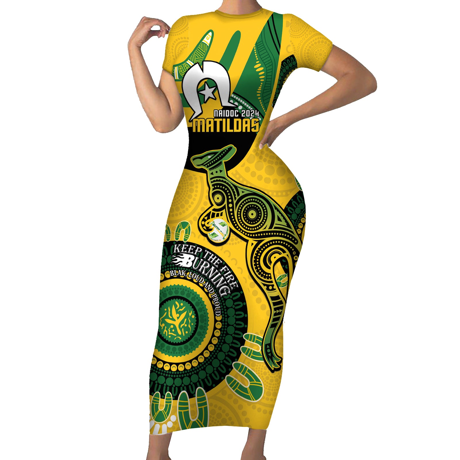 Custom Matildas NAIDOC Week Short Sleeve Bodycon Dress Australia Kangaroo Keep The Fire Burning - Yellow