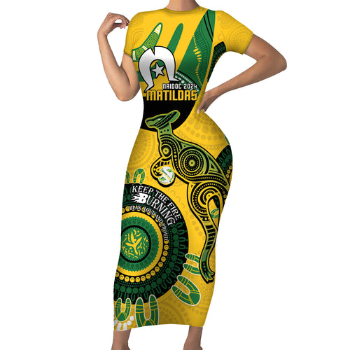 Custom Matildas NAIDOC Week Short Sleeve Bodycon Dress Australia Kangaroo Keep The Fire Burning - Yellow