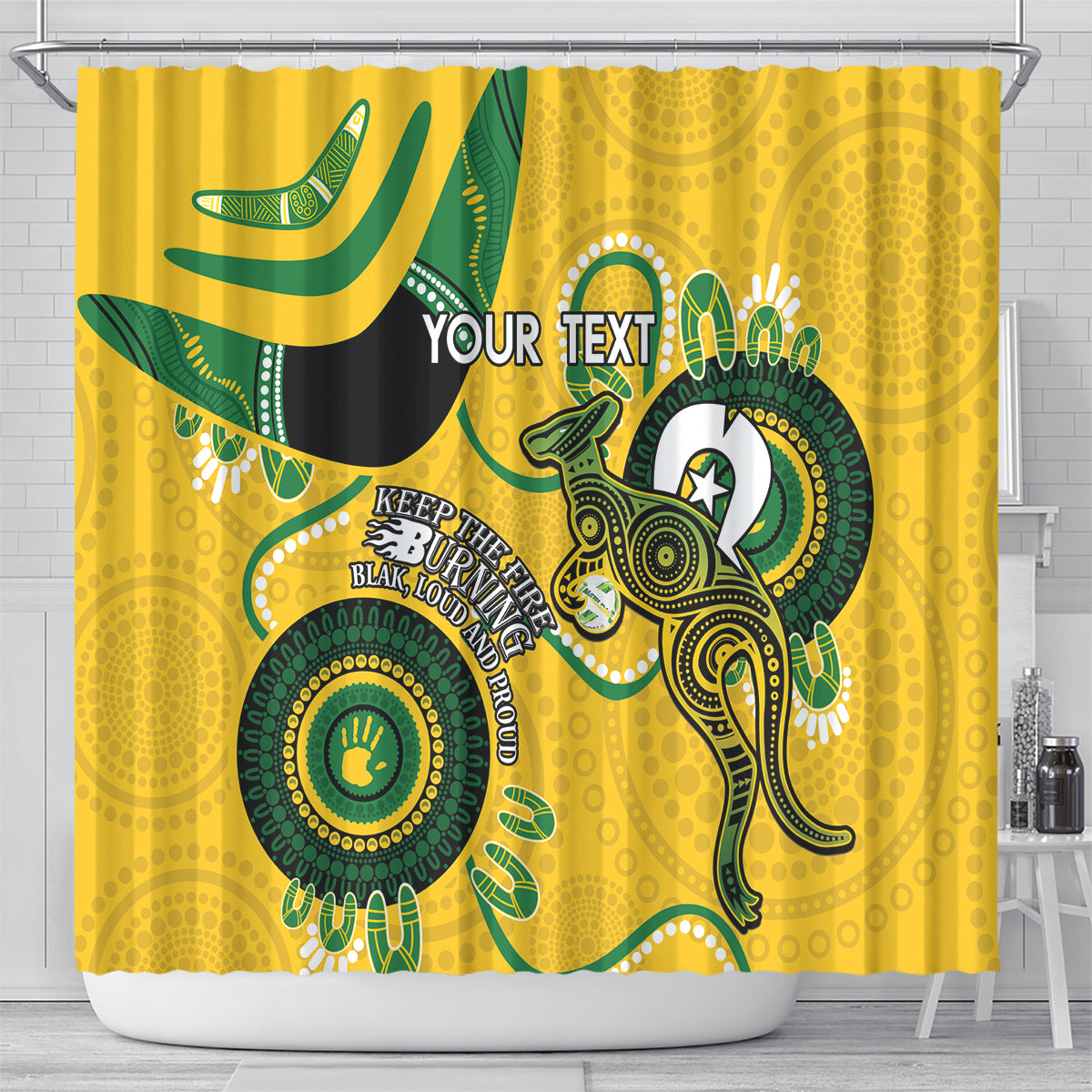 Custom Matildas NAIDOC Week Shower Curtain Australia Kangaroo Keep The Fire Burning - Yellow