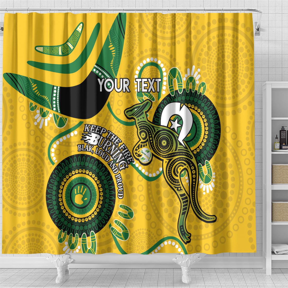 Custom Matildas NAIDOC Week Shower Curtain Australia Kangaroo Keep The Fire Burning - Yellow