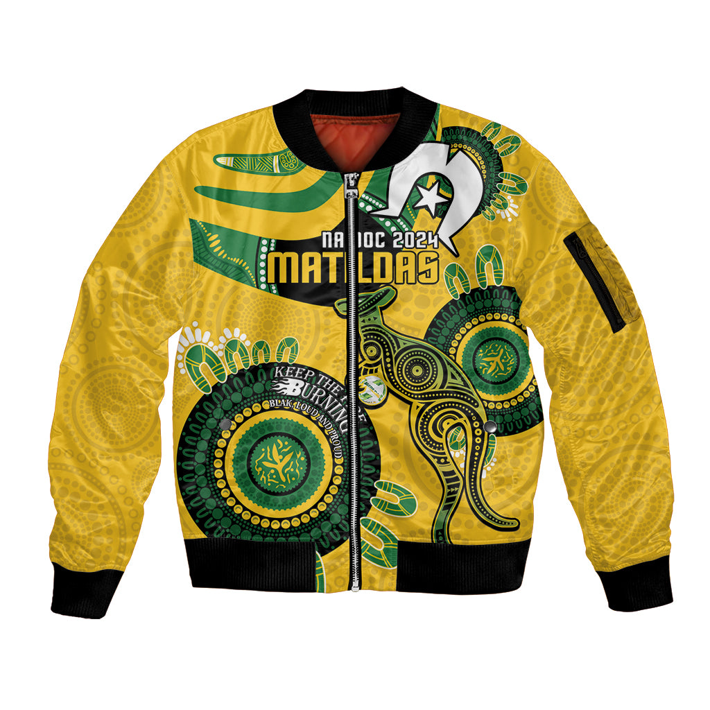 Custom Matildas NAIDOC Week Sleeve Zip Bomber Jacket Australia Kangaroo Keep The Fire Burning - Yellow