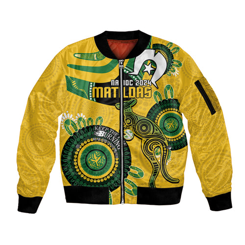 Custom Matildas NAIDOC Week Sleeve Zip Bomber Jacket Australia Kangaroo Keep The Fire Burning - Yellow