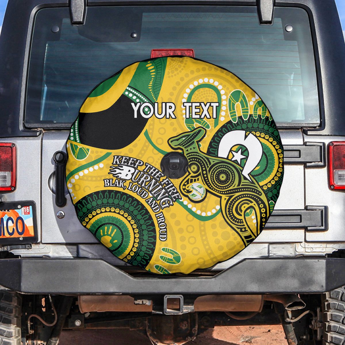 Custom Matildas NAIDOC Week Spare Tire Cover Australia Kangaroo Keep The Fire Burning - Yellow