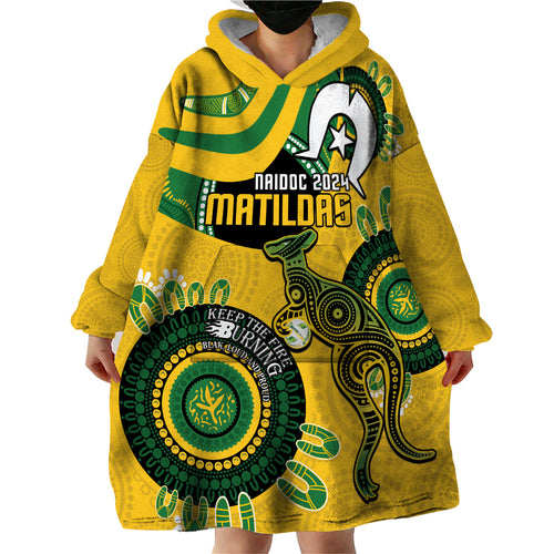 Custom Matildas NAIDOC Week Wearable Blanket Hoodie Australia Kangaroo Keep The Fire Burning - Yellow