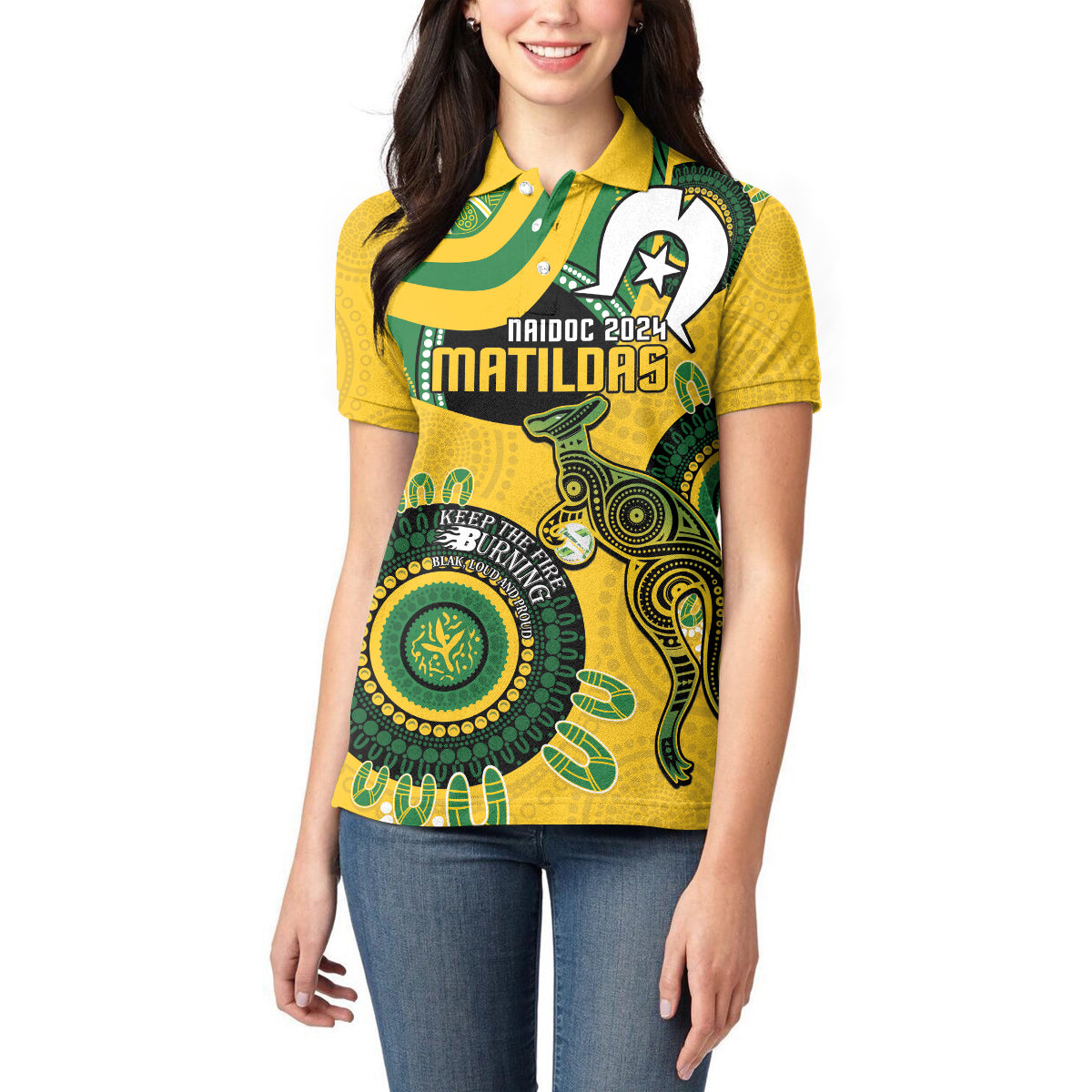 Custom Matildas NAIDOC Week Women Polo Shirt Australia Kangaroo Keep The Fire Burning - Yellow
