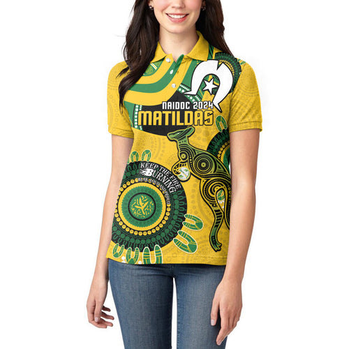 Custom Matildas NAIDOC Week Women Polo Shirt Australia Kangaroo Keep The Fire Burning - Yellow